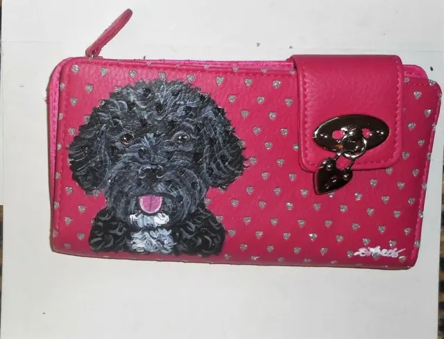 Portuguese Water Dog Wallet for Women Hand Painted Pink Vegan Leather