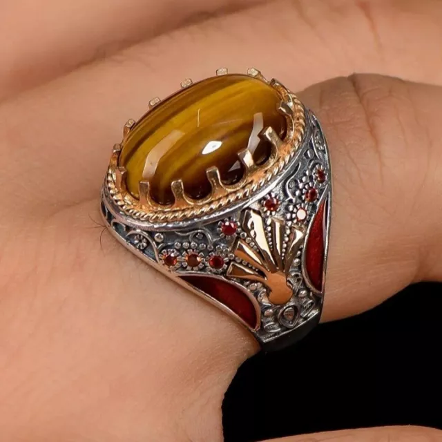 Tiger Eye Ottoman Handmade Vintage Genuine Turkish 925 Sterling Silver Men Ring