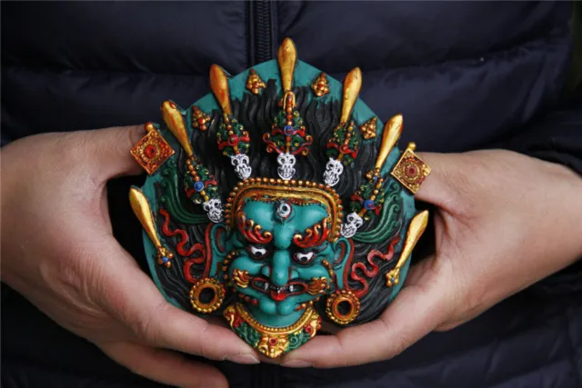 5" Tibet Buddhism Turquoise gilt sword skull Mahakala Mask statue