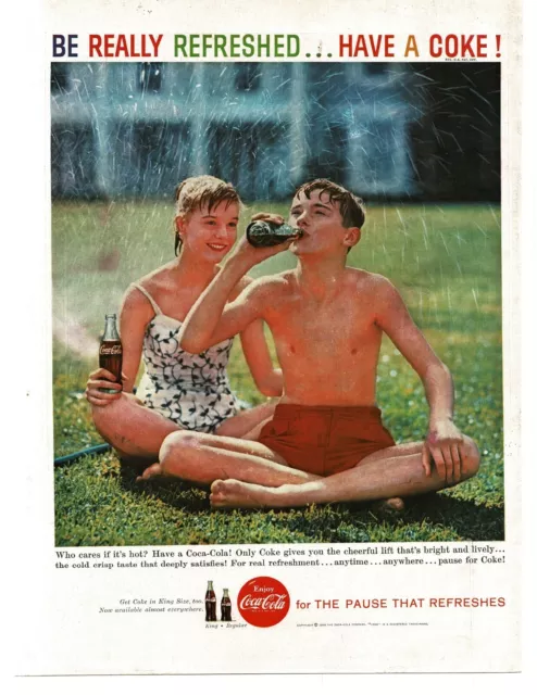 1959 Coca Cola Coke boy girl sitting under lawn sprinkler Vintage Print Ad