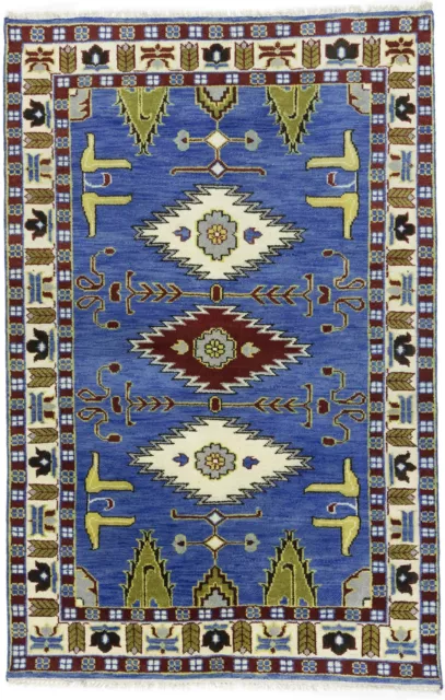 Tribal Geometric Hand-Knotted Blue 5X8 Kazak Oriental Rug Farmhouse Decor Carpet