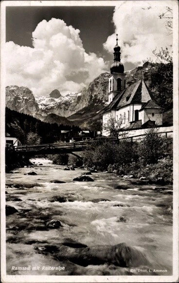 Ak Ramsau bei Berchtesgaden, Flusspartie mit Blick auf die Kirche,... - 3665745