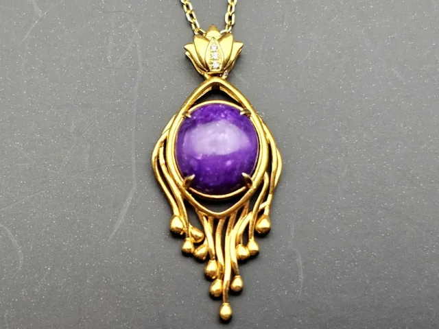 Untreated Natural Sugilite 925 Sterling Silver Gold Plated Pendant Necklace