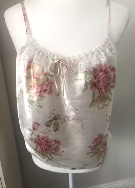 Vtg S Cream Pink Floral Satin CAMI PJ TOP BABYDOLL LINGERIE NIGHTIE Negligee a