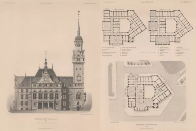 Wiesbaden Ayuntamiento de la Ciudad Original Grabado Acero Caballero Y Pestillo