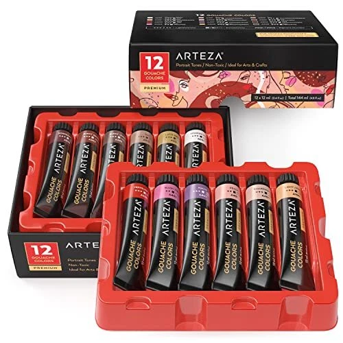 ARTEZA Gouache Paint 12 Colors Skin Tones 0.4 US fl oz Tubes Opaque Paint				...