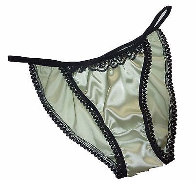 PALE GREEN SHINY SATIN panties MINI TANGA string bikini black lace Made ...
