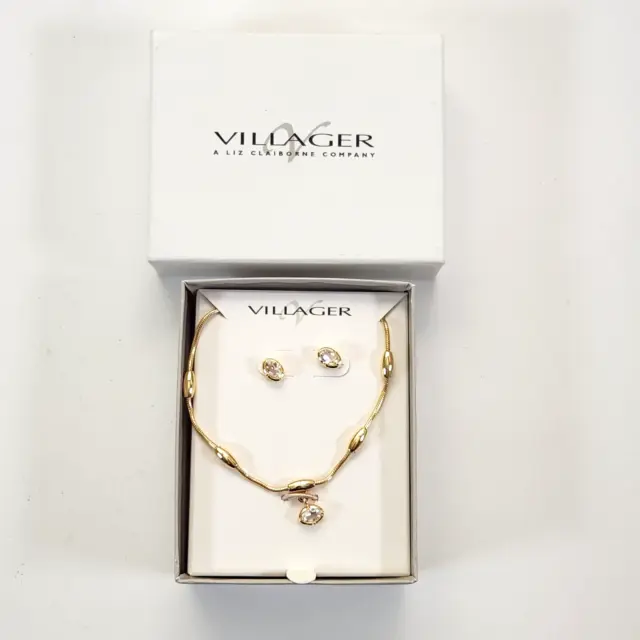 LIZ CLAIBORNE VILLAGER Goldtone & Clear Rhinestone Necklace & Earring Set