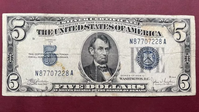 1934 C Five Dollar Silver Certificate $5 Bill Blue Seal Note Circulated #59009