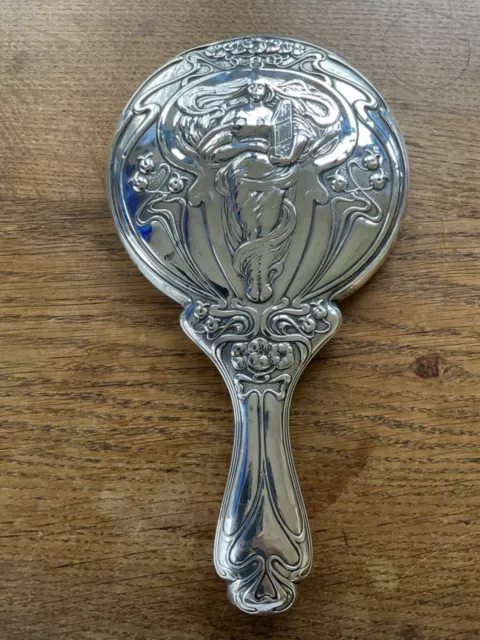 Antique Art Nouveau Solid Silver Hand Mirror Maiden by William Aitken Bham c1902