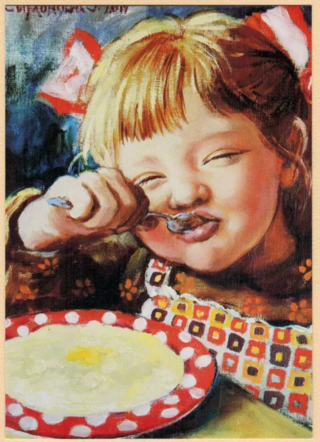 GIRL EATS TASTY PORRIDGE Russian postcard Olga Simonova