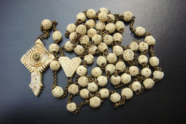 19th Century RARE HAND CRAVED BONE BEADS BEAUTIFUL STANHOPE  ROSARY