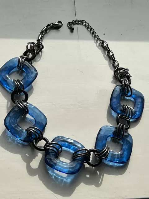 Jaeger Statement Necklace Designer Blue Chunky Retro Plastic Lucite Link Pewter