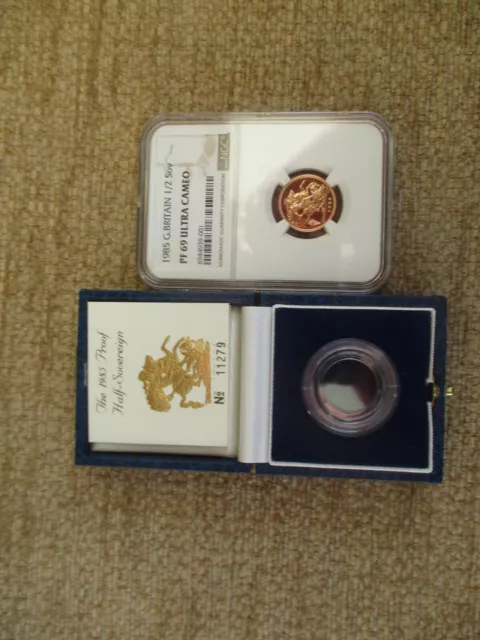 1985 Royal Mint Gold proof HALF sovereign PF69 Graded Ultra Cameo with case+COA