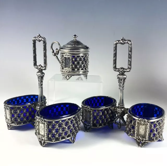 Antique French 3pc Condiment Service, Sterling Silver Double Open Salts, Mustard