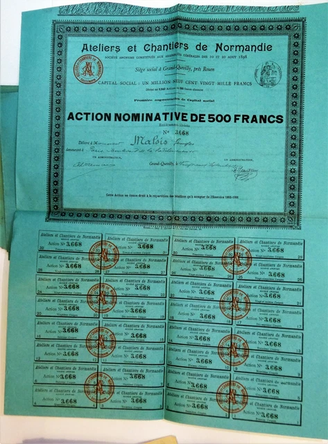 5  ACTIONS, EMPRUNT, Avec ses coupons,  ATELIERS CHANTIERS DE NORMANDIE