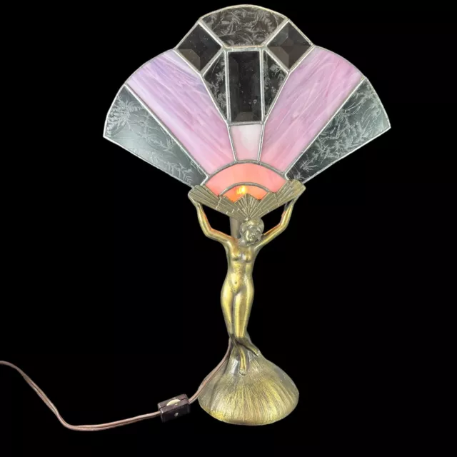 Art Deco Nude Lady Stained Glass Pink White Fan Lamp Shade 18" L L WMC