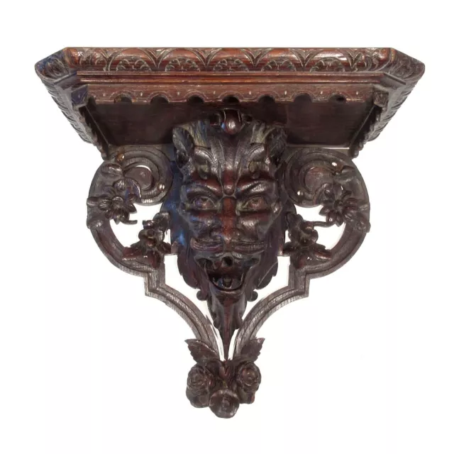 Antique French Hand Carved Wooden Wall Shelf, Gothic Gargoyle, Devil, Faun Satyr
