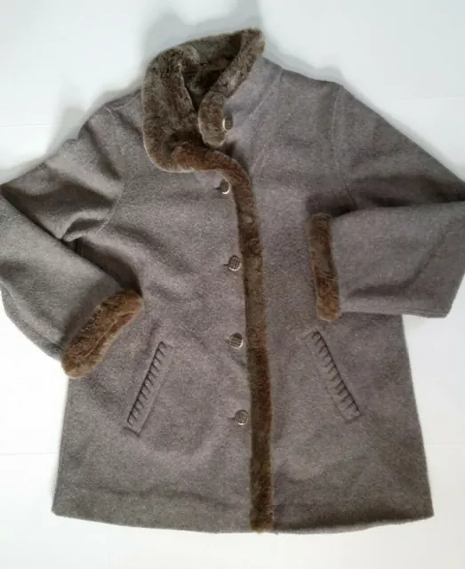 J. Jill Wool Blend Unlined Coat Women's Medium Gray Faux Fur Trim Button Closure