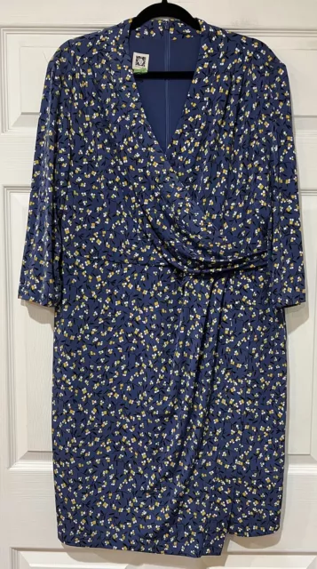 Anne Klein Women's Size 2X V-Neck 3/4 Sleeve Faux Wrap Midi Dress W/ Zipper