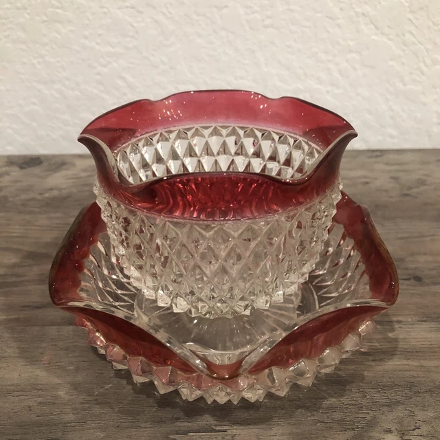 Vintage Pink Rim Crystal Cut Glass Bowl Set Scalloped Edge Pedestal Compote Dish