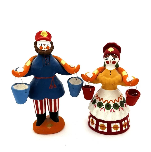 Russian USSR Dymkovo Clay Figurines Couple Sculptures Folk Art Vintage Volgograd