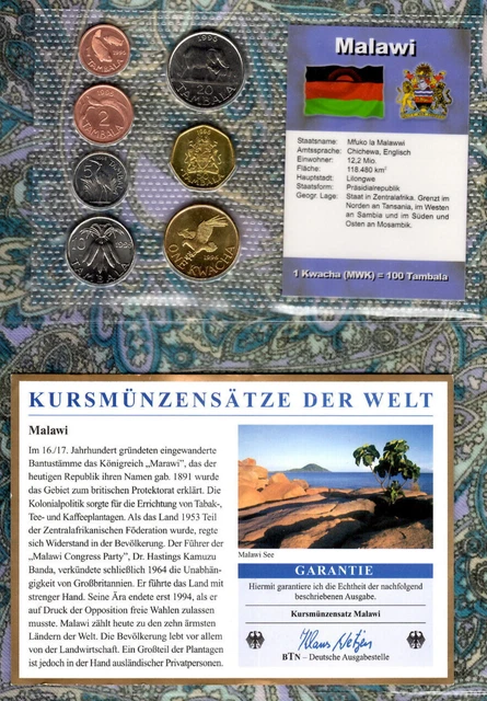 Kursmünzensätze Der Welt Malawi UNC w/card 1995-1996 Kwacha 1996