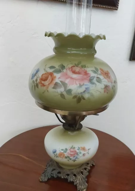 Vintage GWTW Electric Hand Painted Pink Roses Table Parlor Hurricane Lamp 18.5"