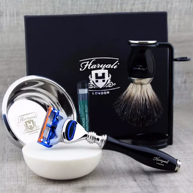 5 Piece Shaving Set 5 Edge Razor & Pure Black Badger Brush with Stand Men's Gift