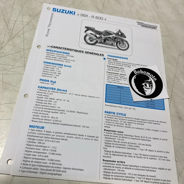 Suzuki GSX-R600 K1 K2 K3 2001 2002 2003 Gsx-R 600 Scheda Tecnica Moto Prop Gsxr
