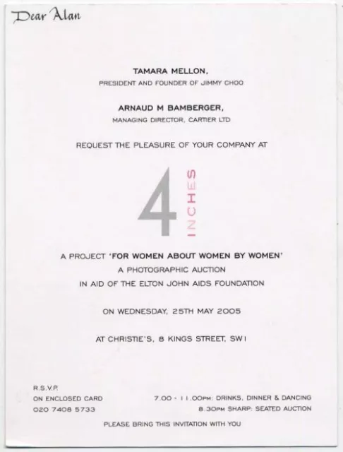 Elton John AIDS Foundation Tamara Mellon Jimmy Choo Christie's Invite Card 2005