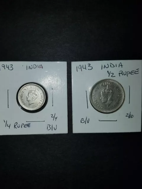 India silver coins 1943 1/4 and 1/2 rupees unc