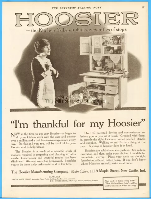1919 Hoosier Kitchen Cabinet New Castle Indiana Thankful Wife Vintage Print Ad