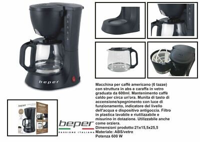 Dispositivo anti-goccia BEPER BC.060 Macchina Caffe Americano 600ml,6 tazze,Caraffa in vetro,Indicatore d’acqua ABS,Tasto per accensione/spegnimento Nero Filtro lavabile 