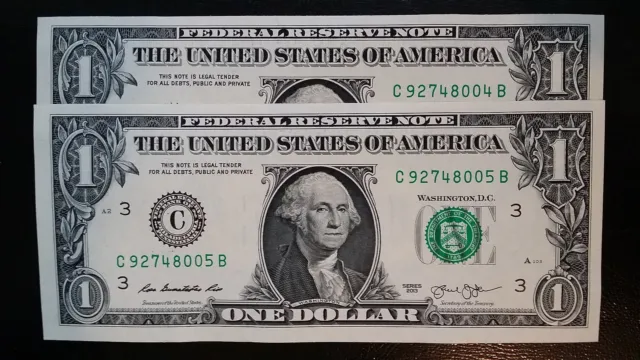 USA $1 Dollar 2013 Rosa Gumataotao Rios 'C' Philadelphia Run of 2 UNC Banknotes