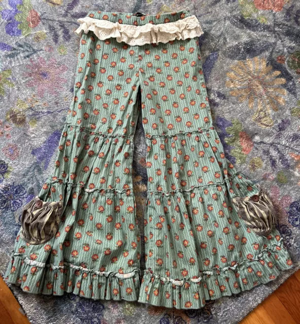 Mustard Pie 7-8 Green Whimsical Crochet Ruffle Pocket Bell Bottom Pants