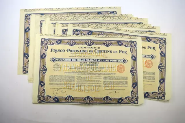 Franco Polonaise De Chemins De Fer Silesie Baltique 1000 Francs Paris 1931 X 12