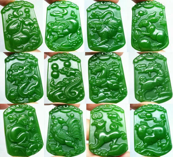 Natural jade Jasper stone  Amulet statue Green Pendant Necklace Chinese Zodiac