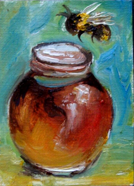 Honey Bee +jar Original ACEO oil painting art mini collectible ATC Tarrantts