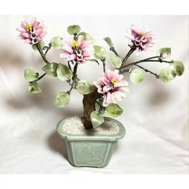 Vintage Chinese Peking Glass Stone Jade Cherry Blossom Bonsai Tree Pink Flowers