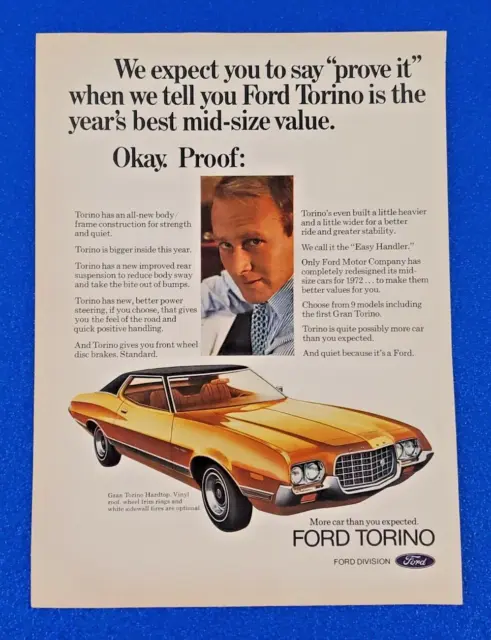 1972 Ford Gran Torino Hardtop Original Color Print Ad Ships Free (Lot Gold) S24+