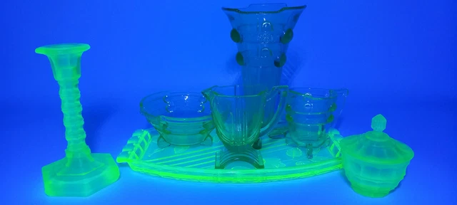 7 Piece Mixed Lot 1930s Art Deco Green Glass Inc. Candlestick, Tray, Trinket Box