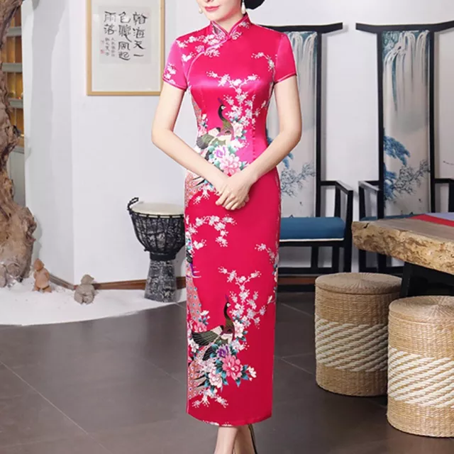 Female Women Satin Dress Chinese Cheongsam Spring Summer S-3XL Solid Color