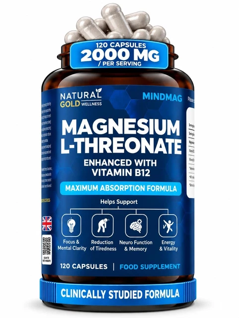 MINDMAG MAGNESIUM L-THREONATE Vitamin B12 High Absorption 120 Capsules ...