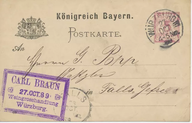 BAYERN "WÜRZBURG III" K1 5 Pf GA-Postkarte 1889 nach "FALLS" K1 (Gefrees) ABART