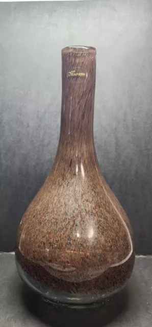 Vintage Tall Heavy Murano Crackle Art Glass Hand Blown Glass Vase Brown Speckles
