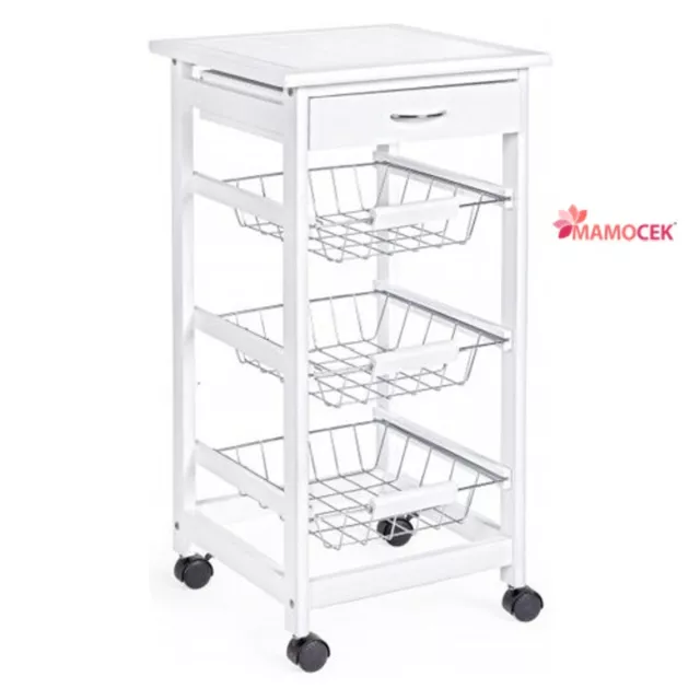 CARRELLO Cucina portafrutta ferro legno bianco 3 piani1 cassetto cm37x37 h76