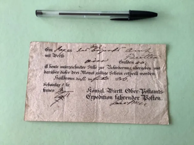 Germany Wurttemberg  1836 postal note Ref A1576