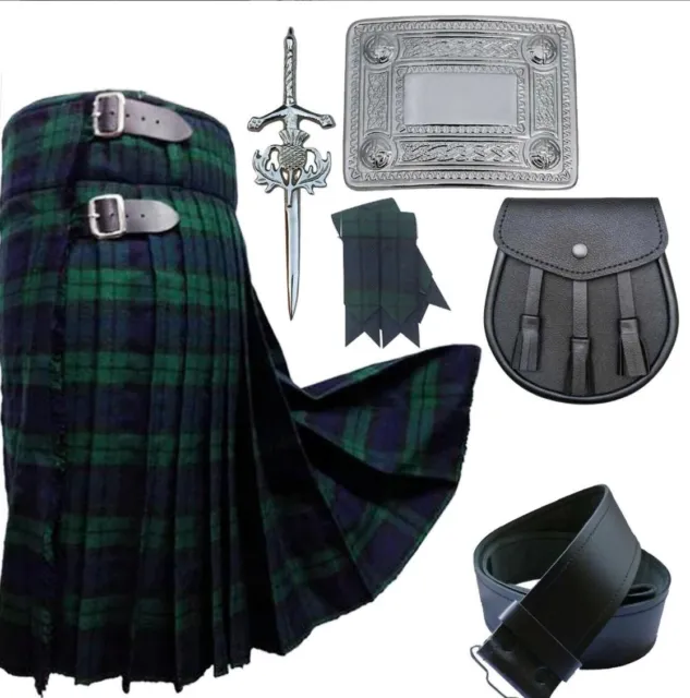 Scottish Kilt Set Outfit 5Yards Black Watch Tartan Sporran 7pcs