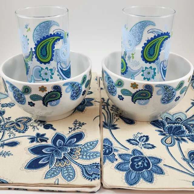 Royal Norfolk Coupe Blue & Green Paisley 2-Bowls 2-Glass Tumblers 2-Placemats